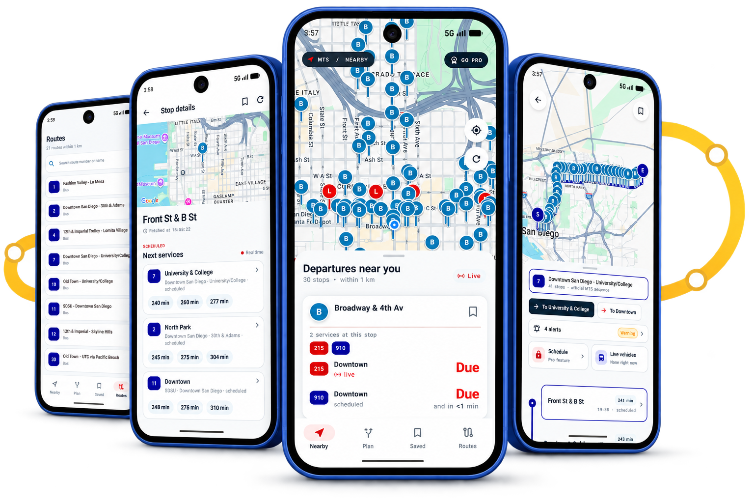 Four MyTransit Live screens showing nearby departures, stop details, routes and live maps
