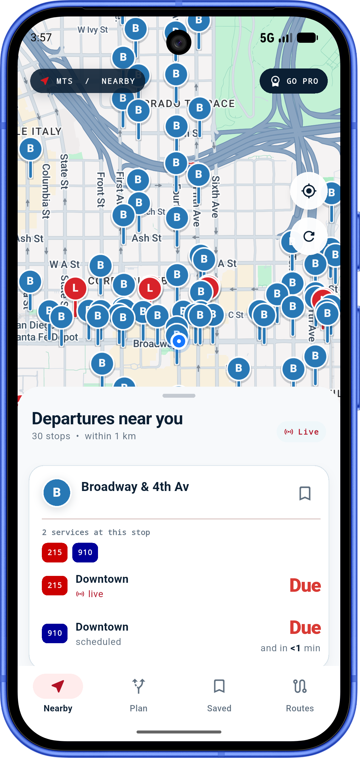 MyTransit Live showing live departures near Broadway and 4th Avenue in San Diego