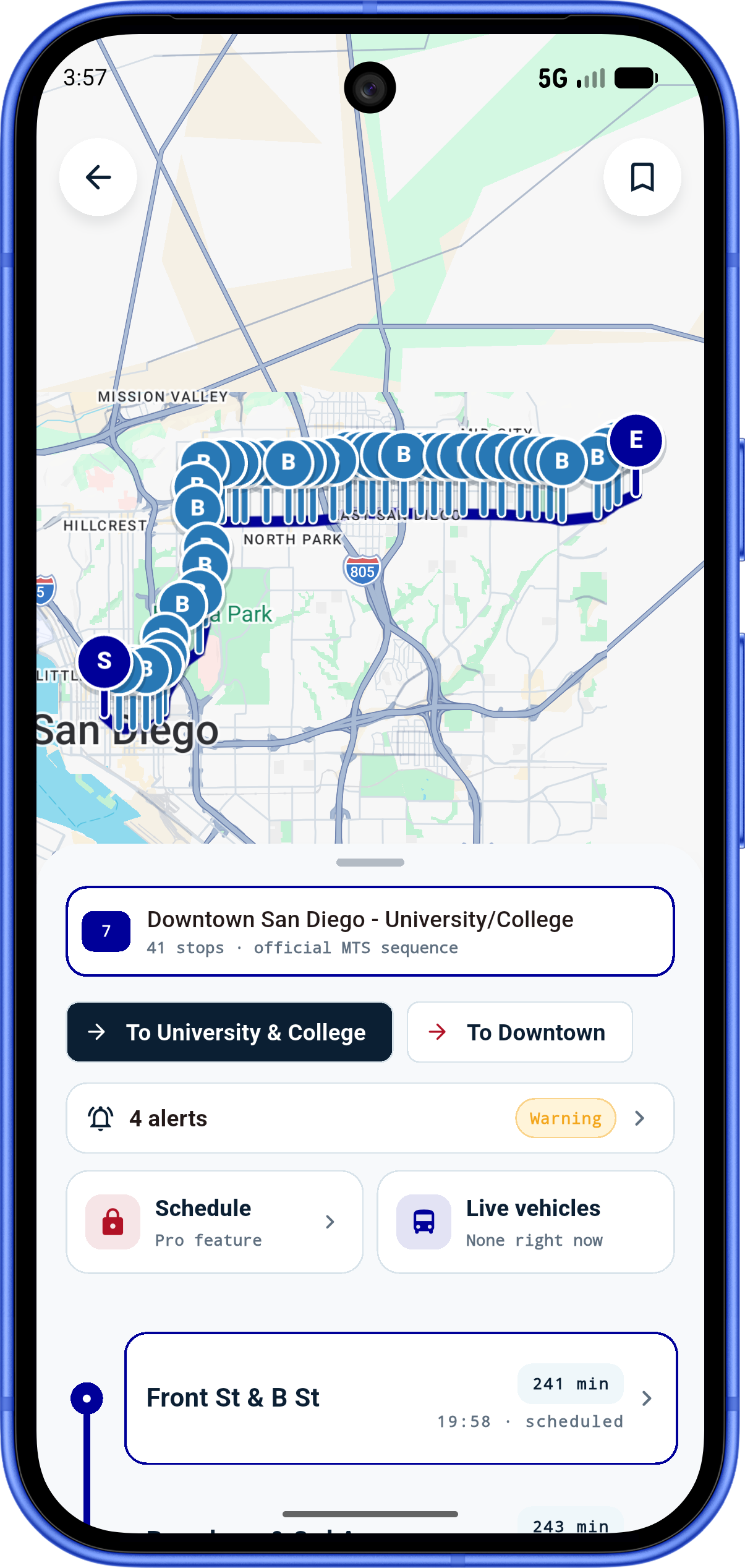 Route details screen showing every stop on route 7 and service alerts