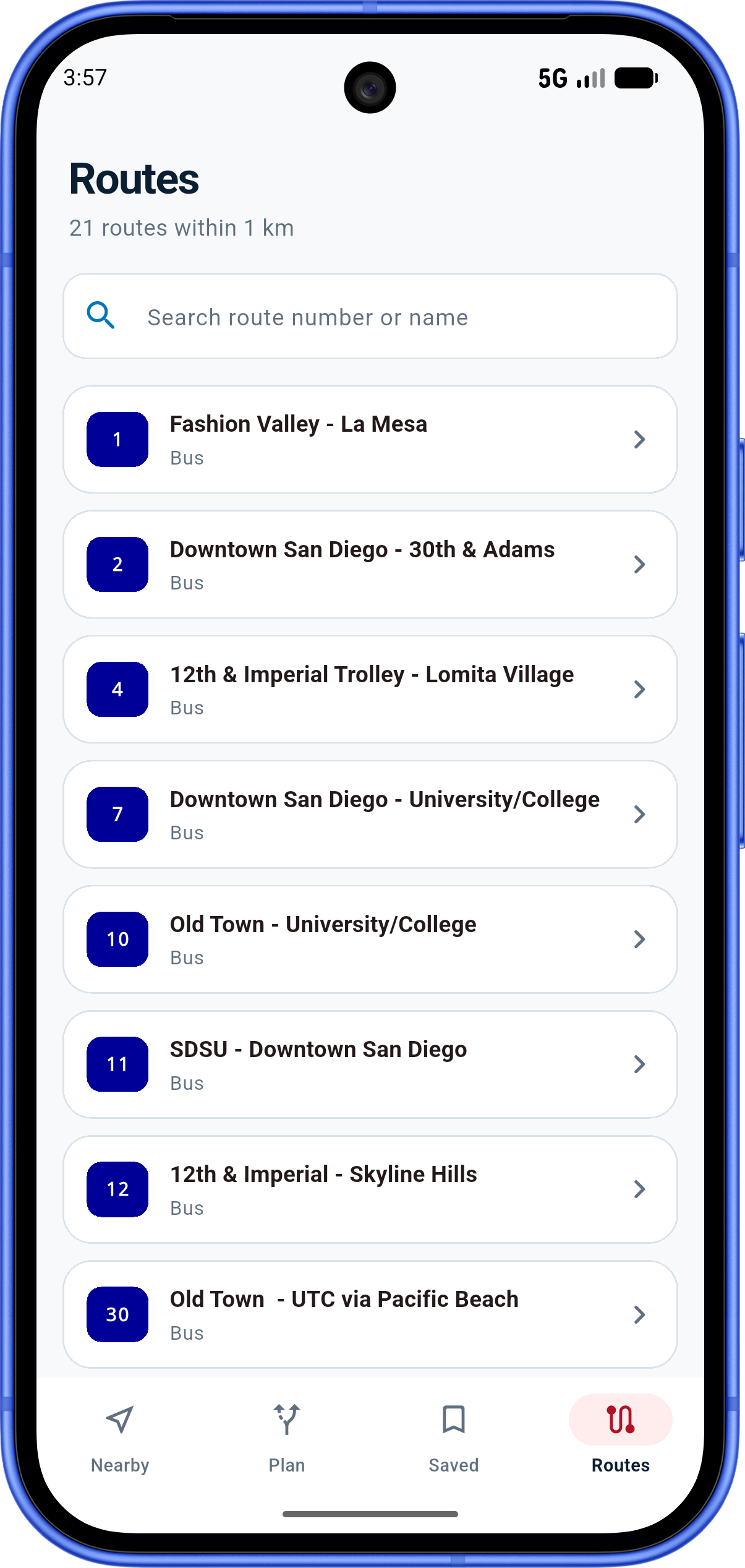 Routes screen listing nearby San Diego bus routes
