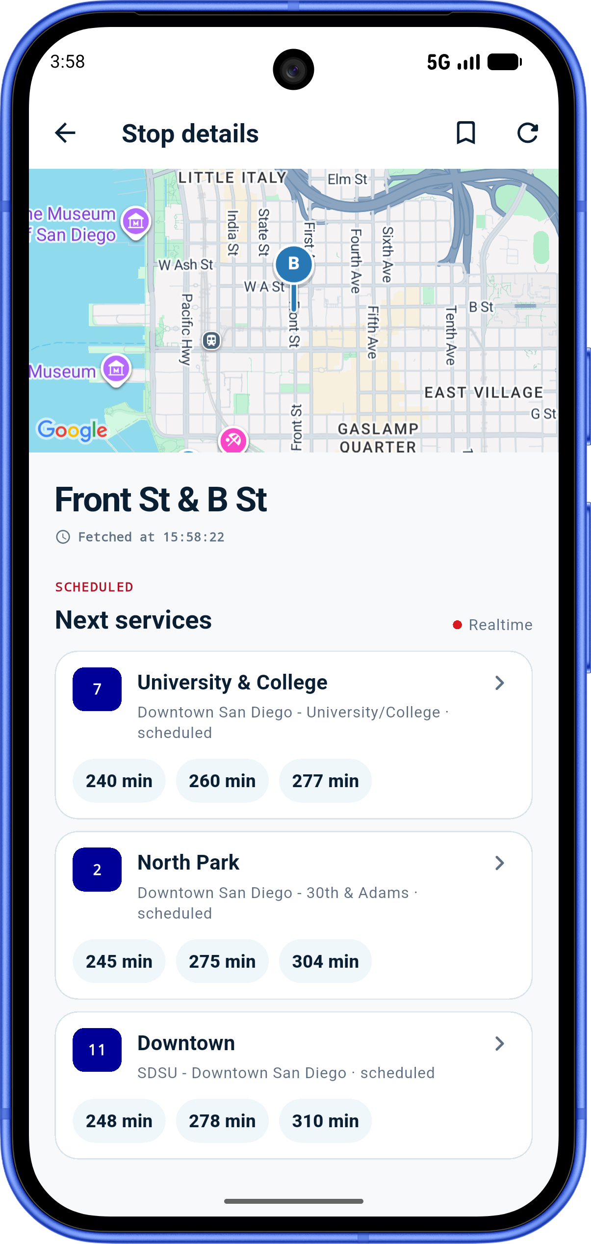 Stop details screen showing the map and upcoming services at Front Street and B Street